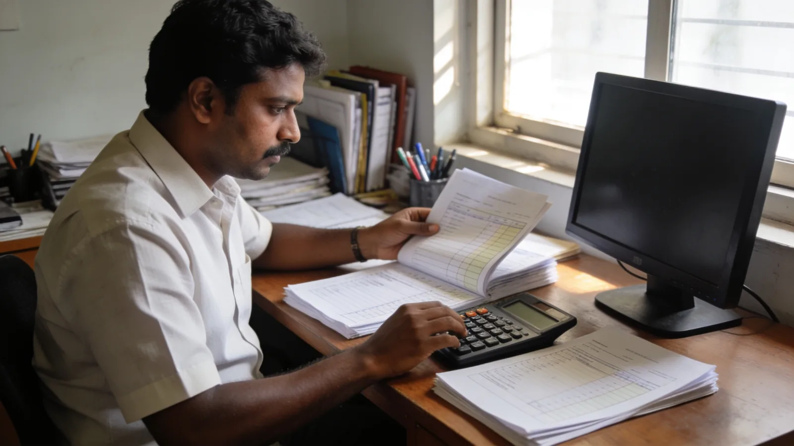 Accountant working on ledgers and statements at a desk