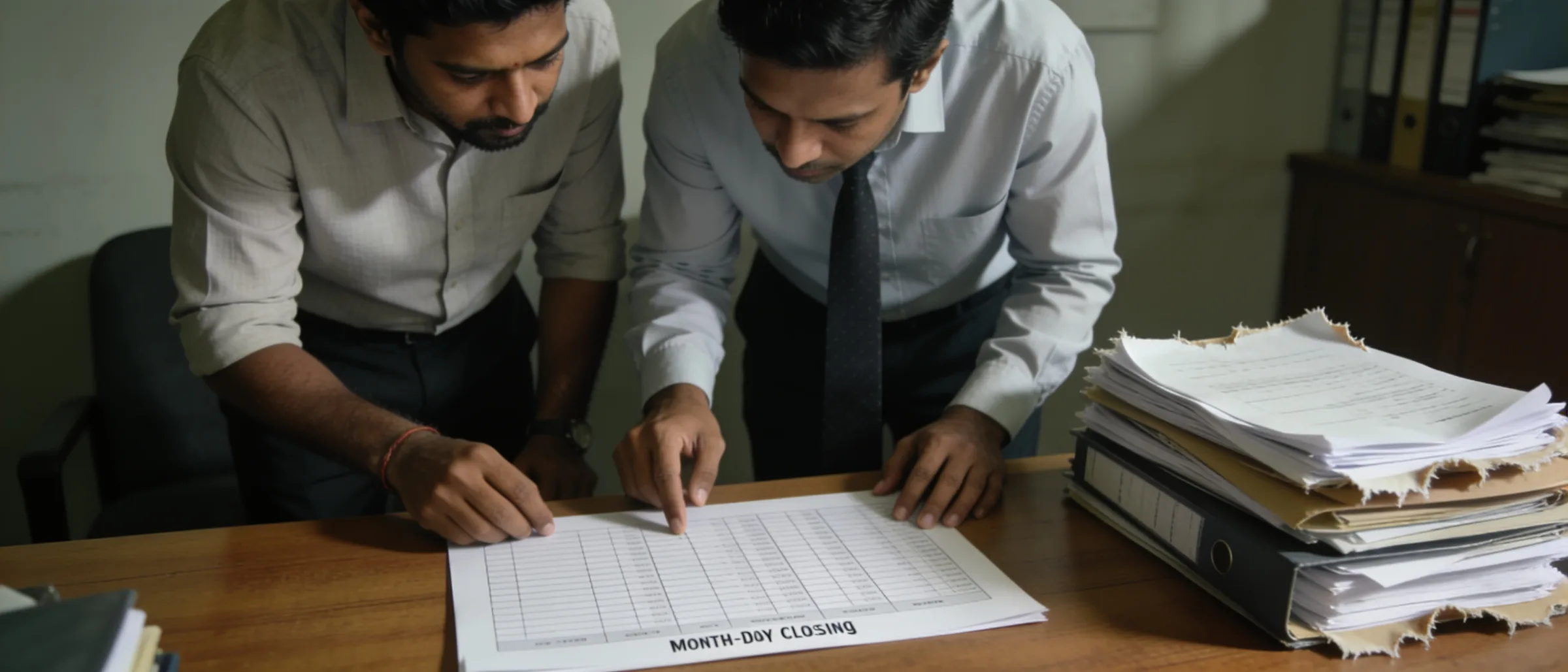 Accountant and finance manager reviewing a month-end closing checklist
