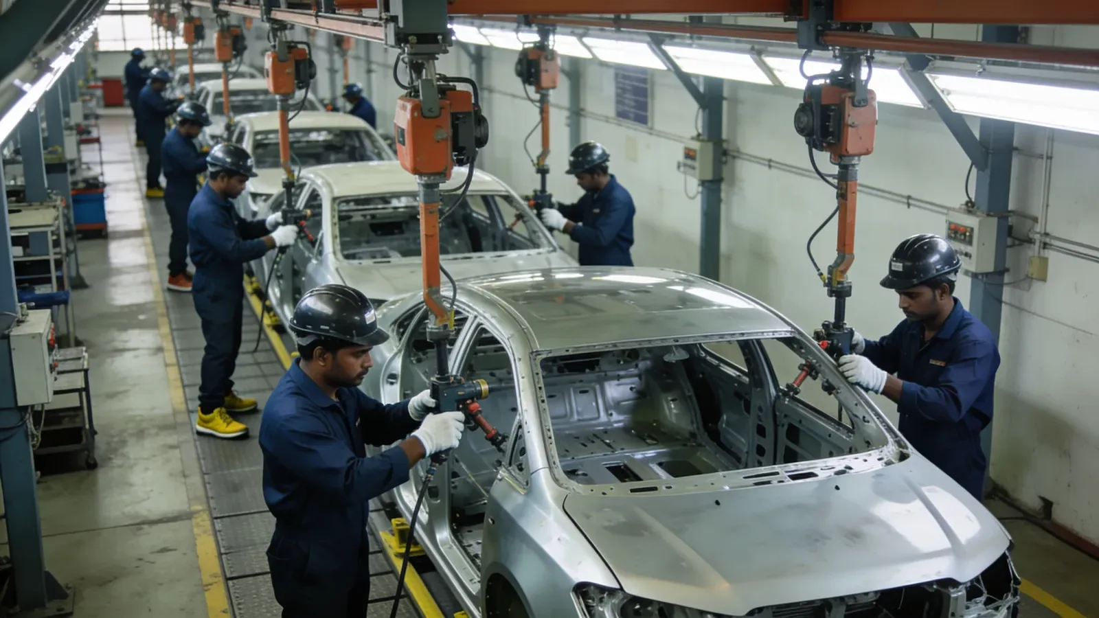 Line operators at fitment and torque stations on an automotive assembly line