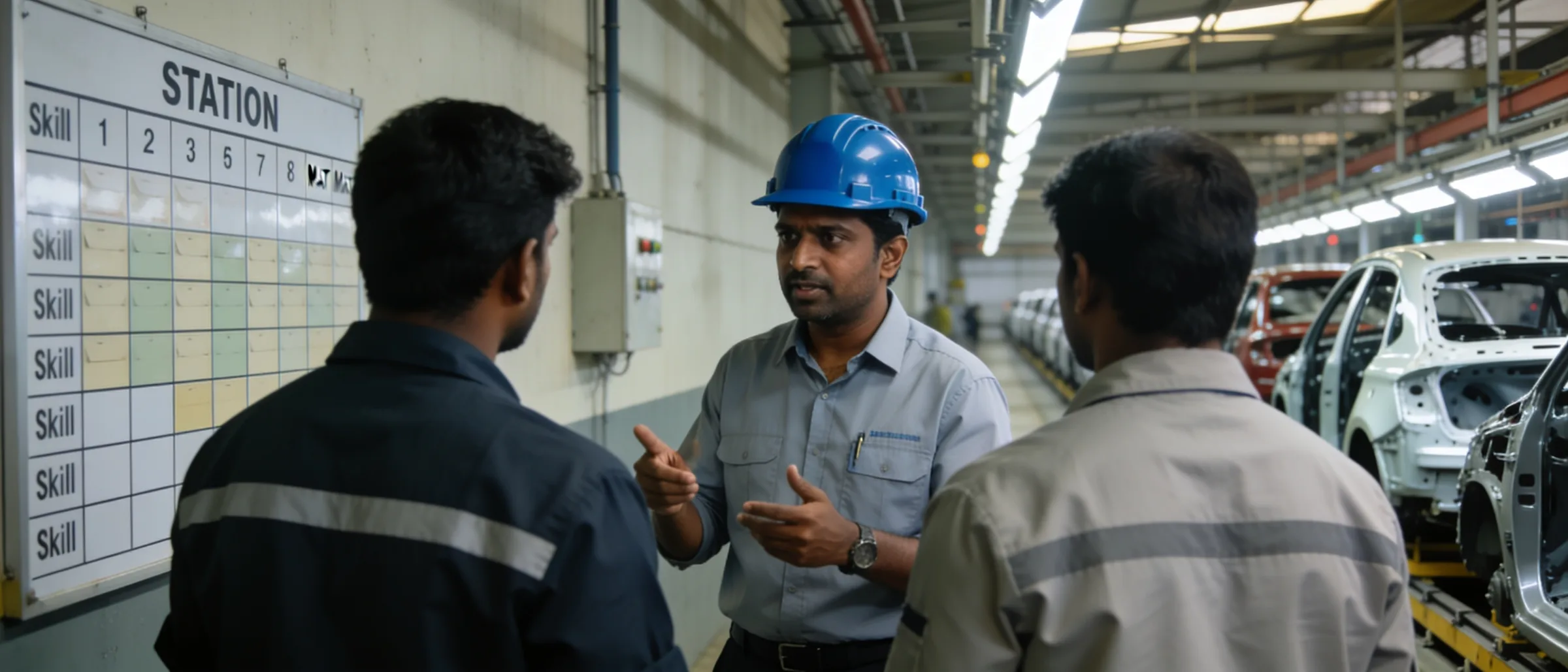 Line supervisor briefing operators at a station skill matrix board beside the assembly conveyor