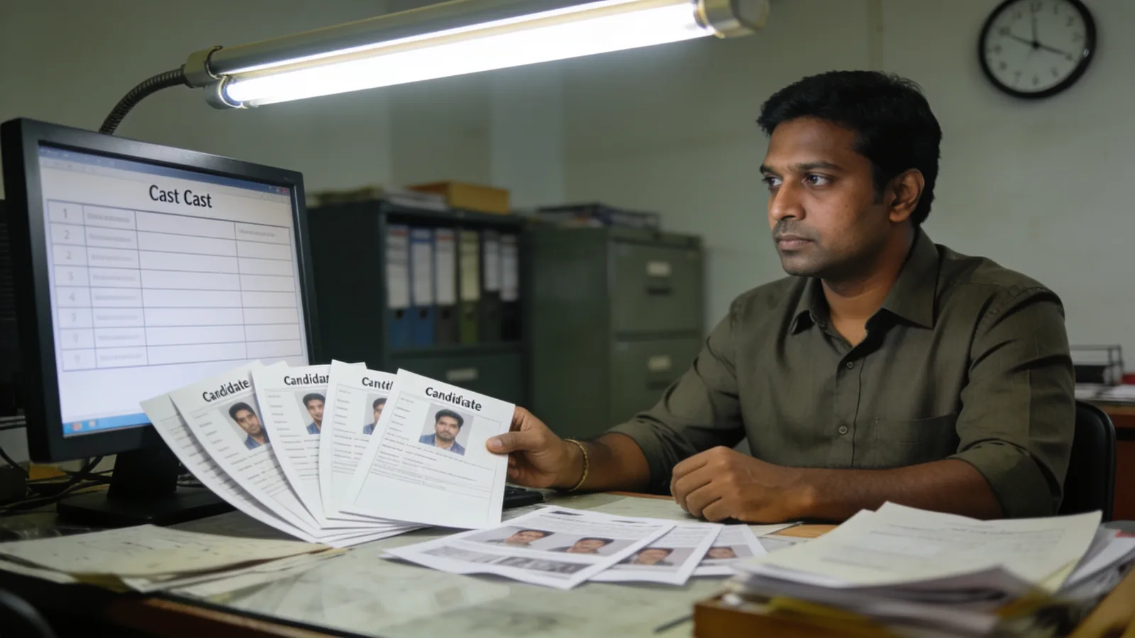 Verification desk with ID documents and a case tracker on screen
