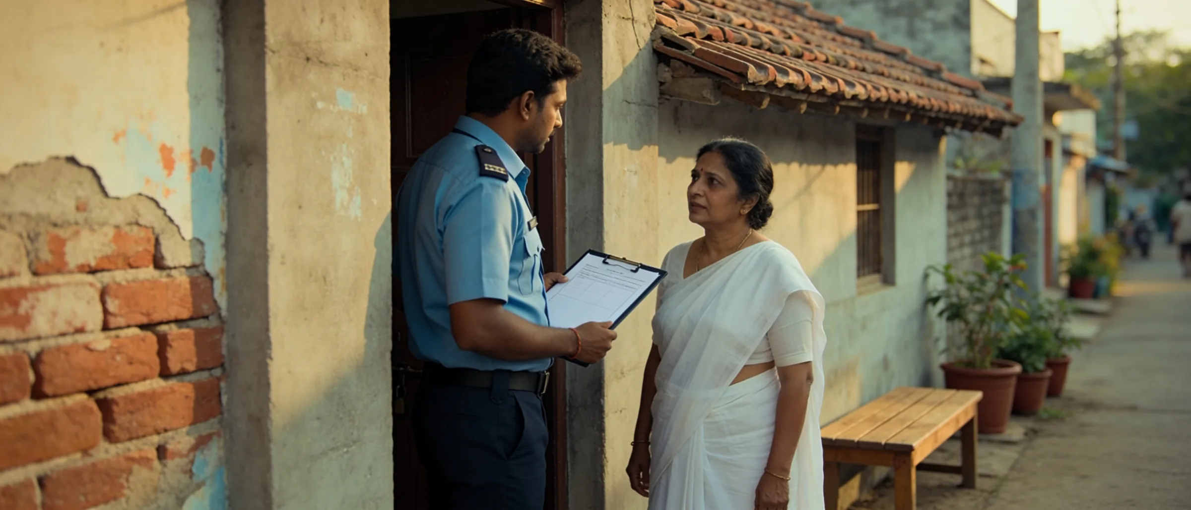 Field officer confirming a candidate address at a residential doorstep