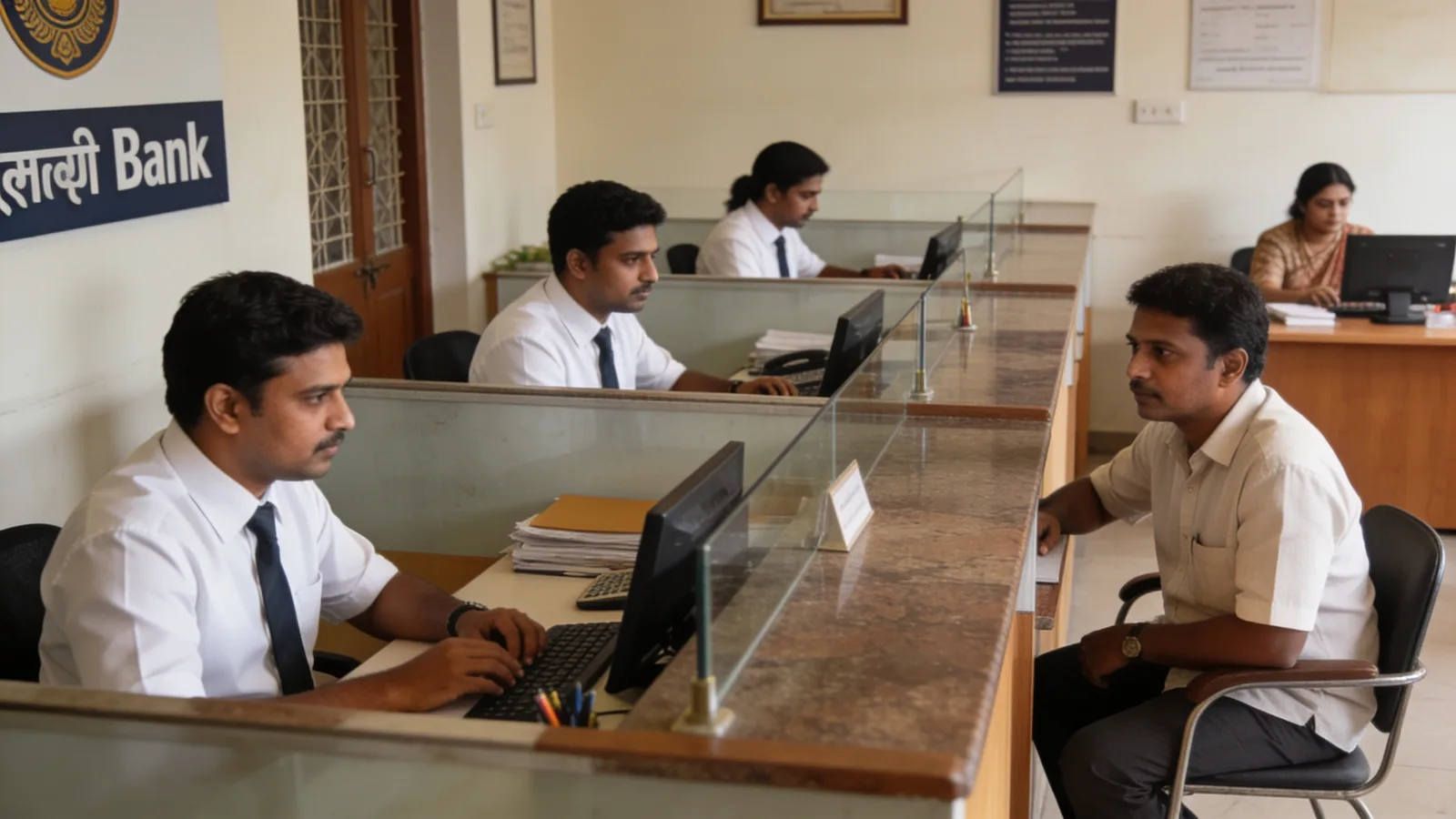 Branch staff assisting customers at a bank service counter