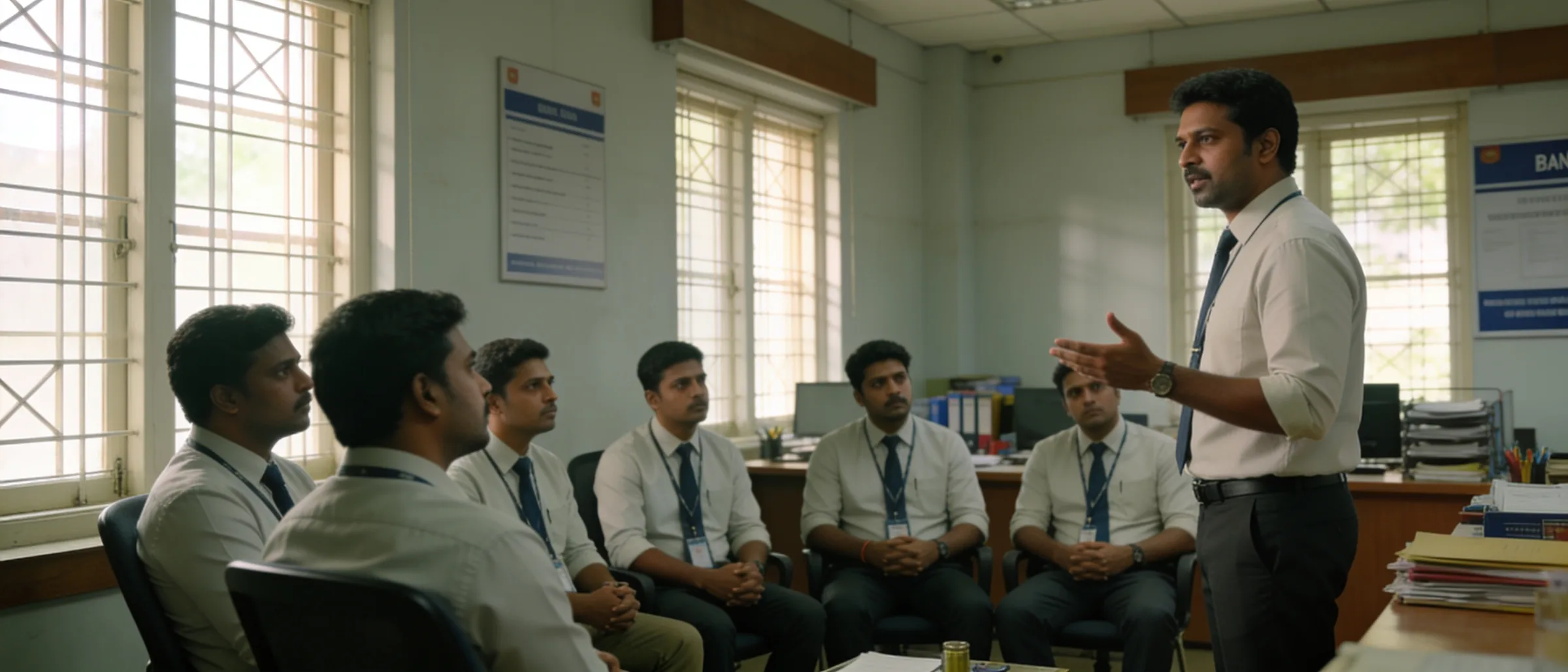 Branch manager briefing a newly deployed sales and operations team at a morning huddle