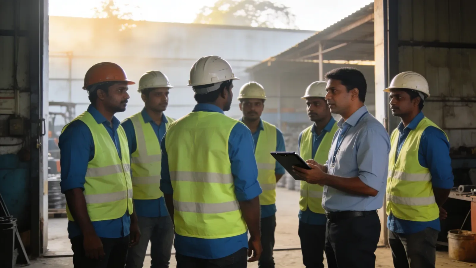 Blue-collar workers at shift handover with a supervisor holding an attendance tablet