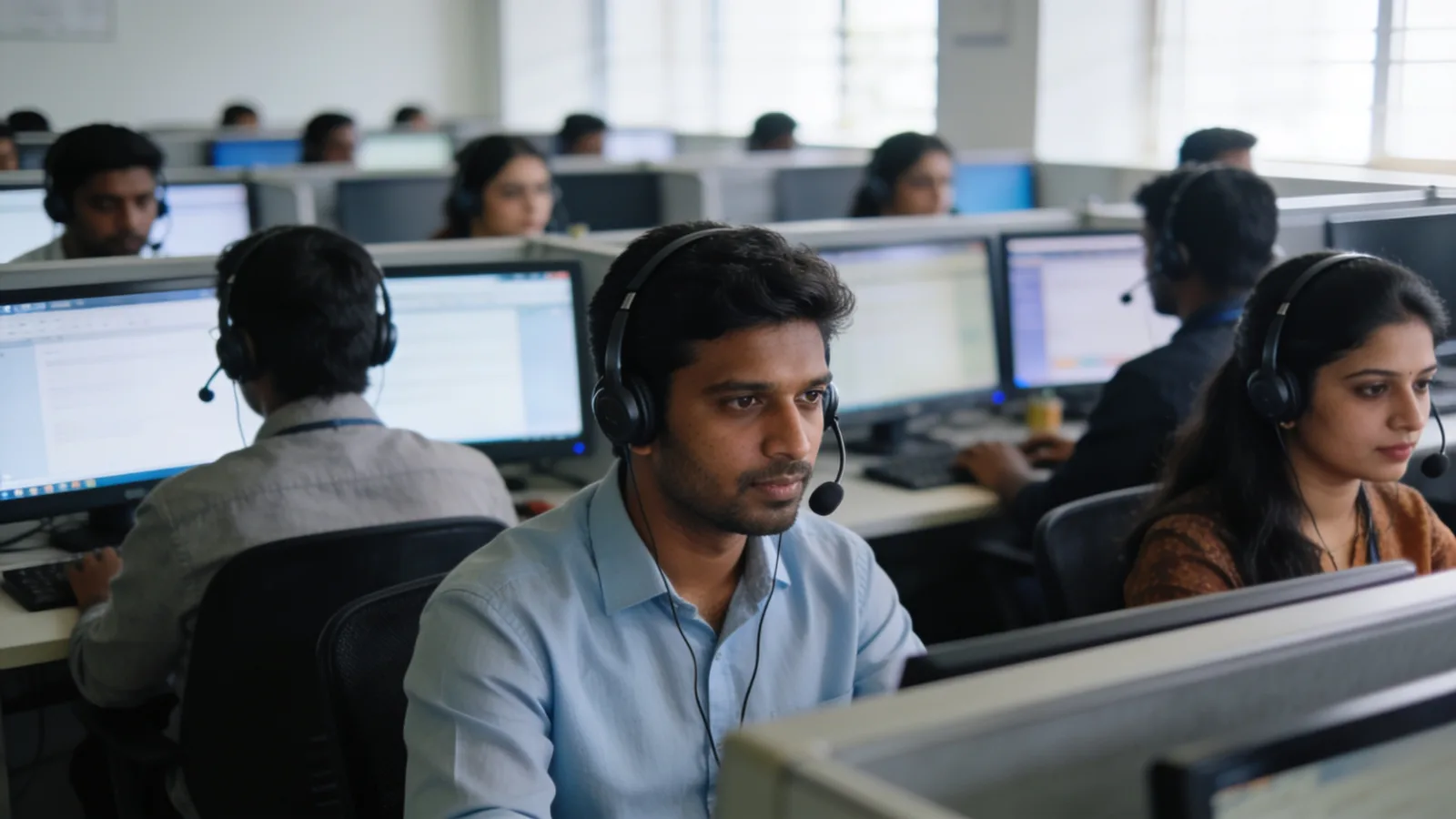 Contact centre floor with agents on headsets at workstations