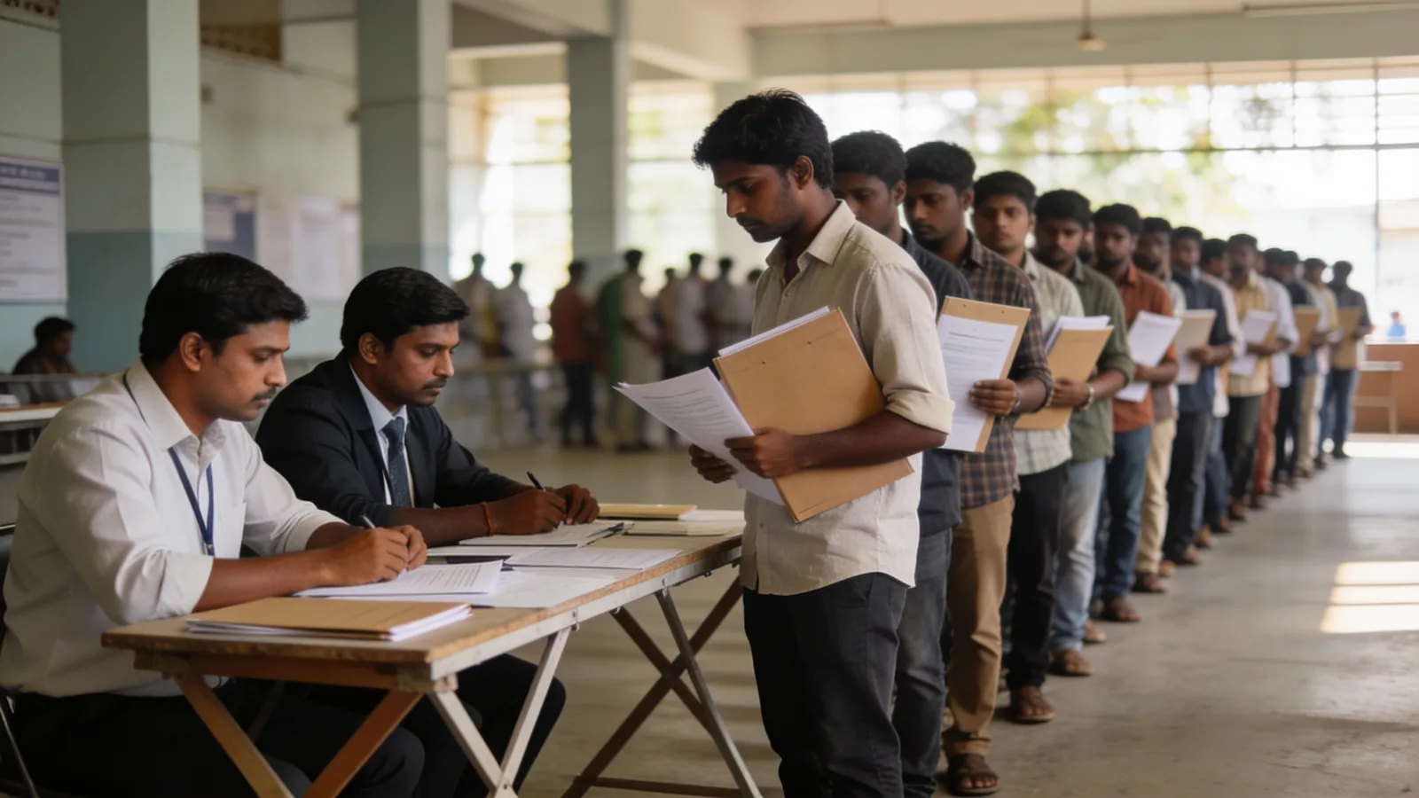 Candidates queuing at a documentation desk during a mass recruitment drive