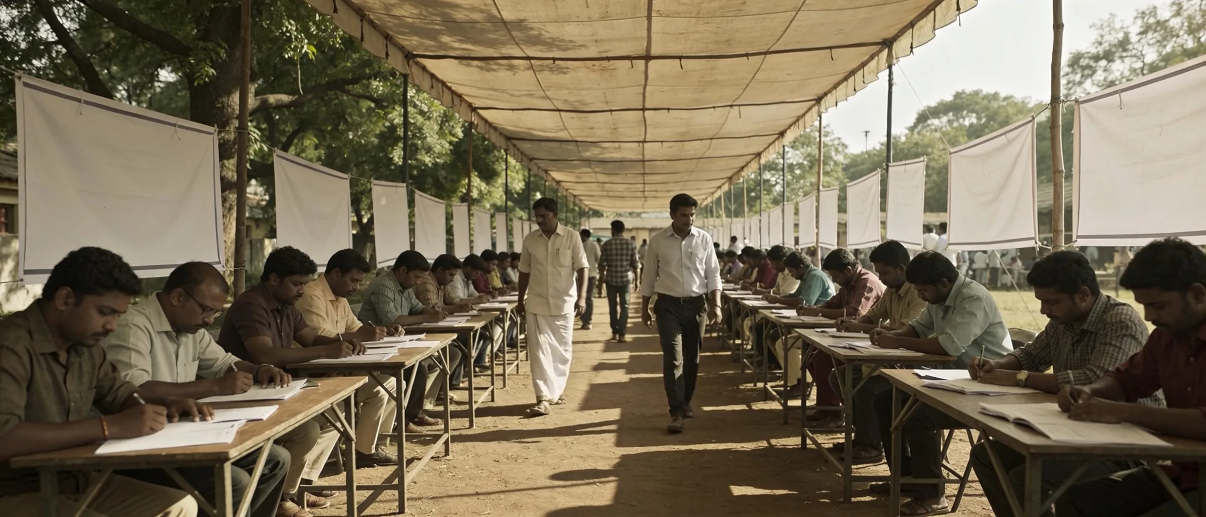 District recruitment camp with candidates filling forms under a shade tent