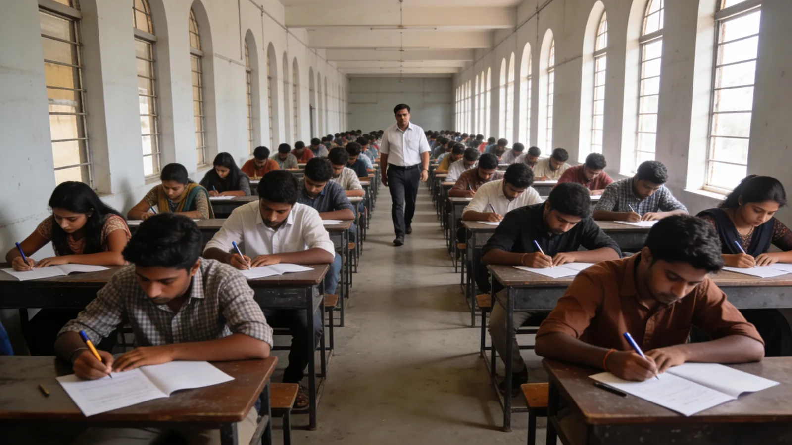 Students writing a written aptitude test in a college hall during a campus drive