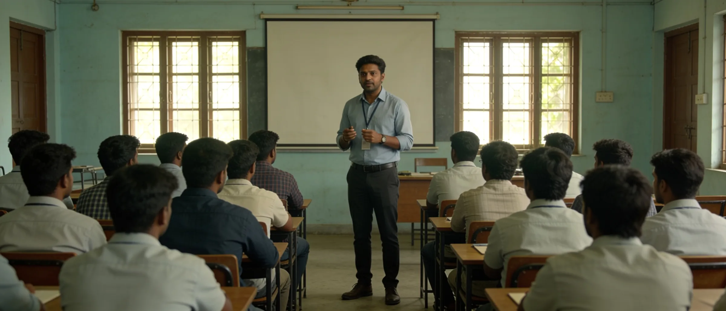 Recruiter giving a pre-placement talk to an ITI diploma class