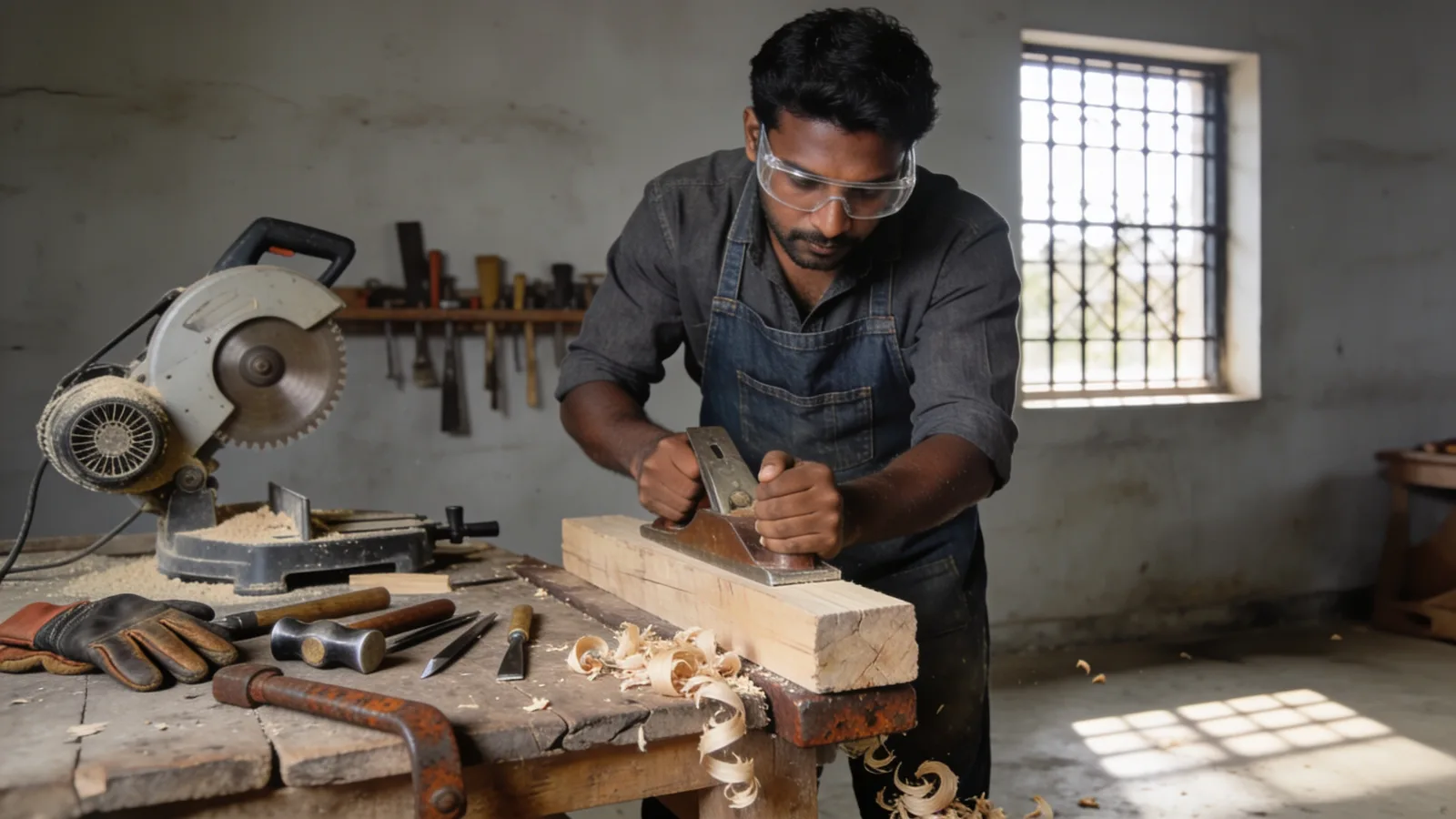 Carpenter working timber at a bench with hand and power tools