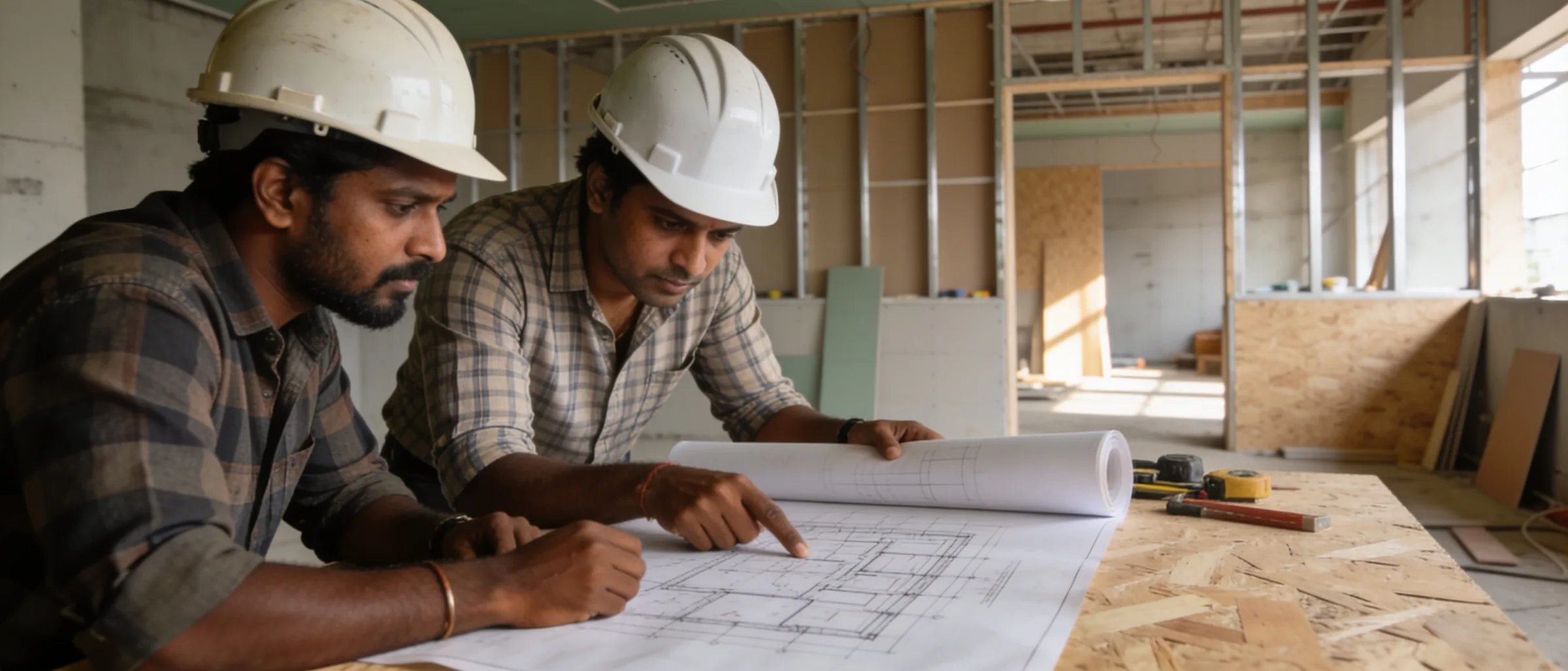 Carpenter and site supervisor reviewing a fit-out drawing