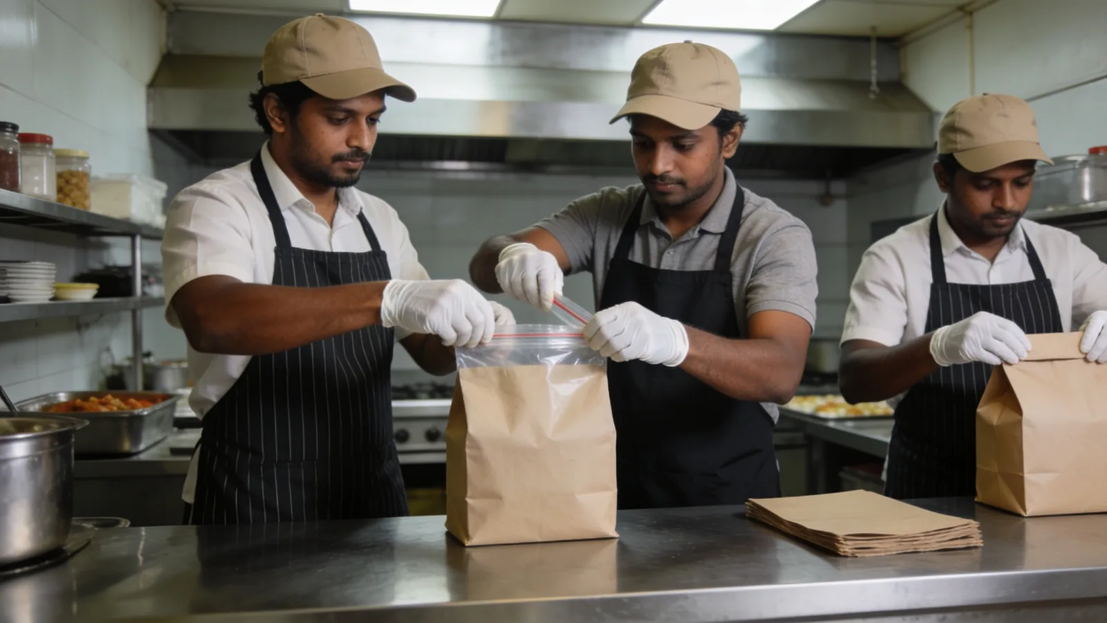 Cloud kitchen crew packing delivery orders at a dispatch counter