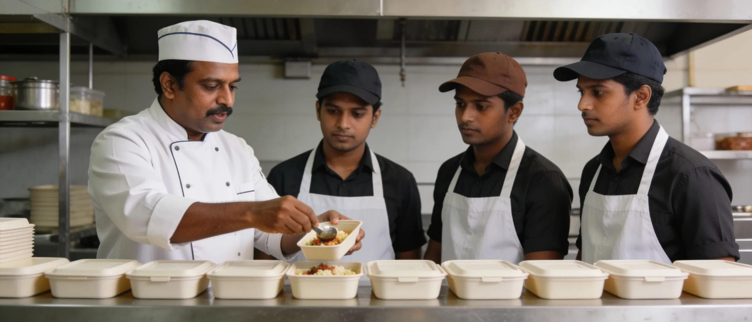 Brand-wise recipe and packing training at a cloud kitchen prep counter