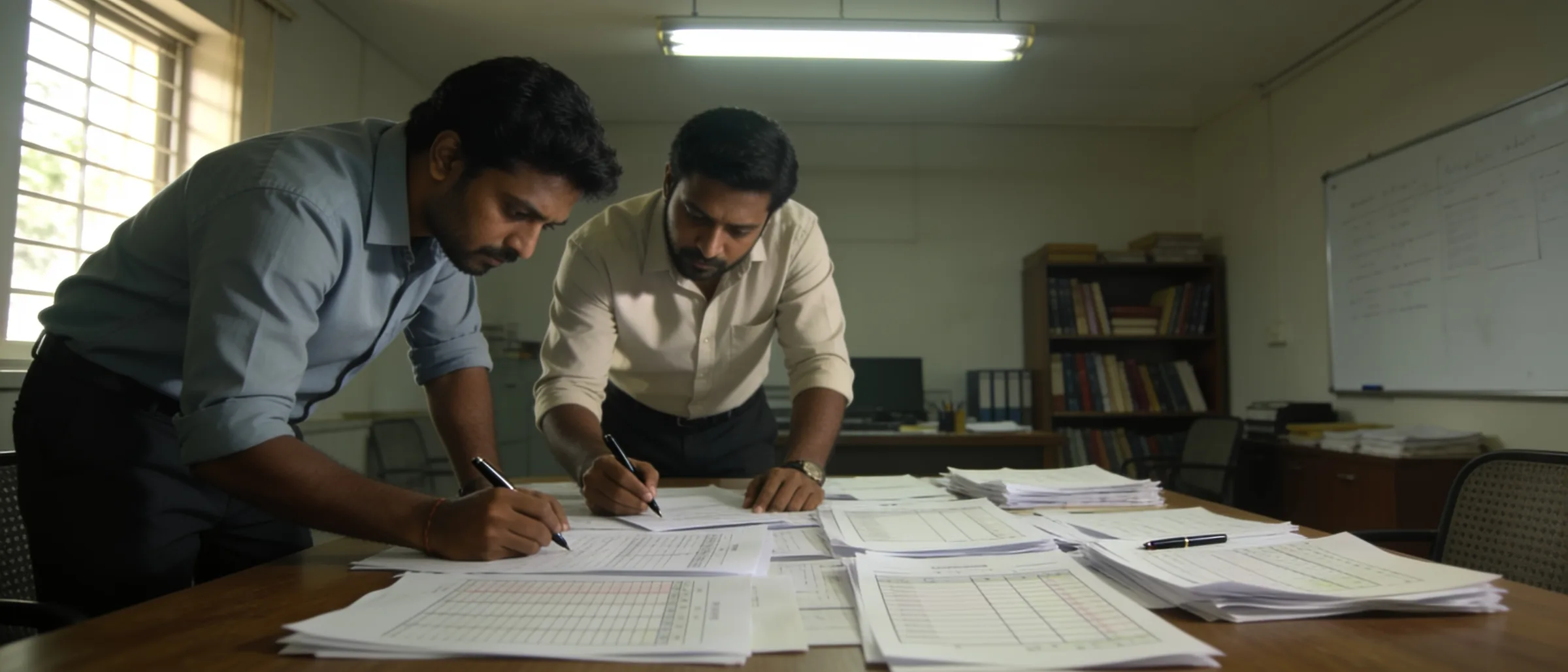 Two auditors cross-checking challans against gate attendance printouts