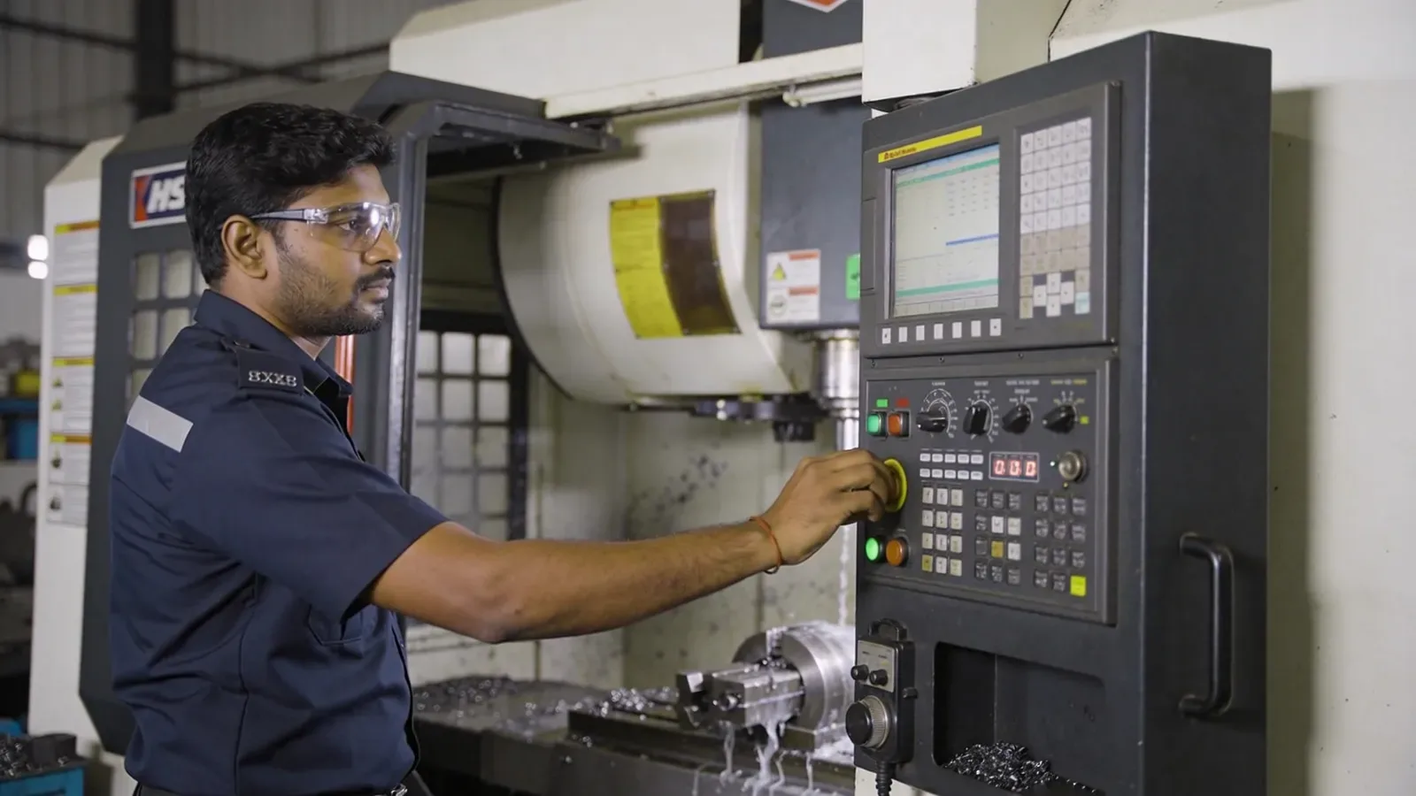 CNC operator at a lathe control panel in a machine shop