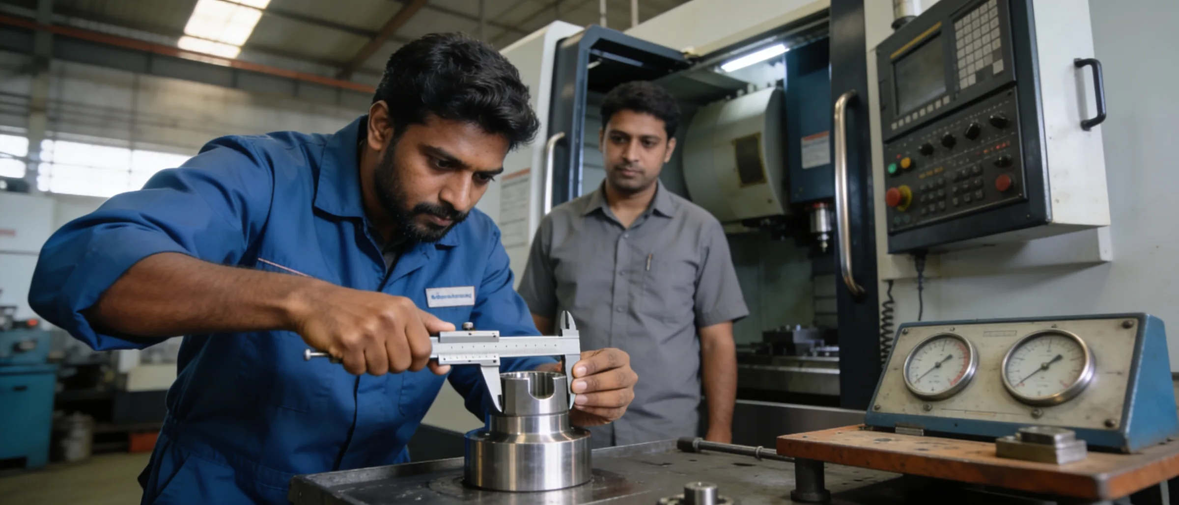 Quality inspector measuring a machined component with a vernier caliper beside the CNC operator