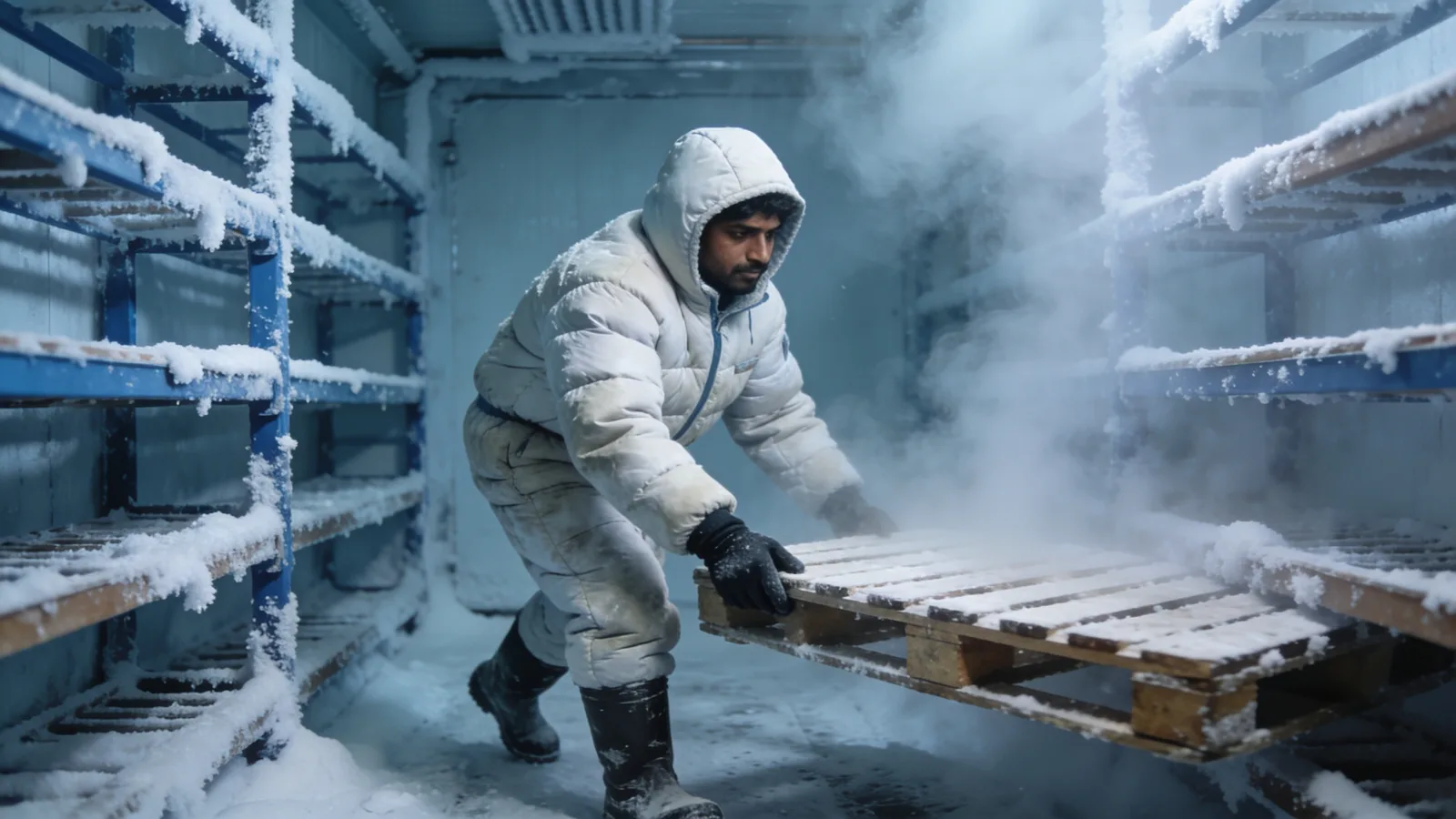 Worker in insulated freezer PPE moving a pallet inside a frozen chamber