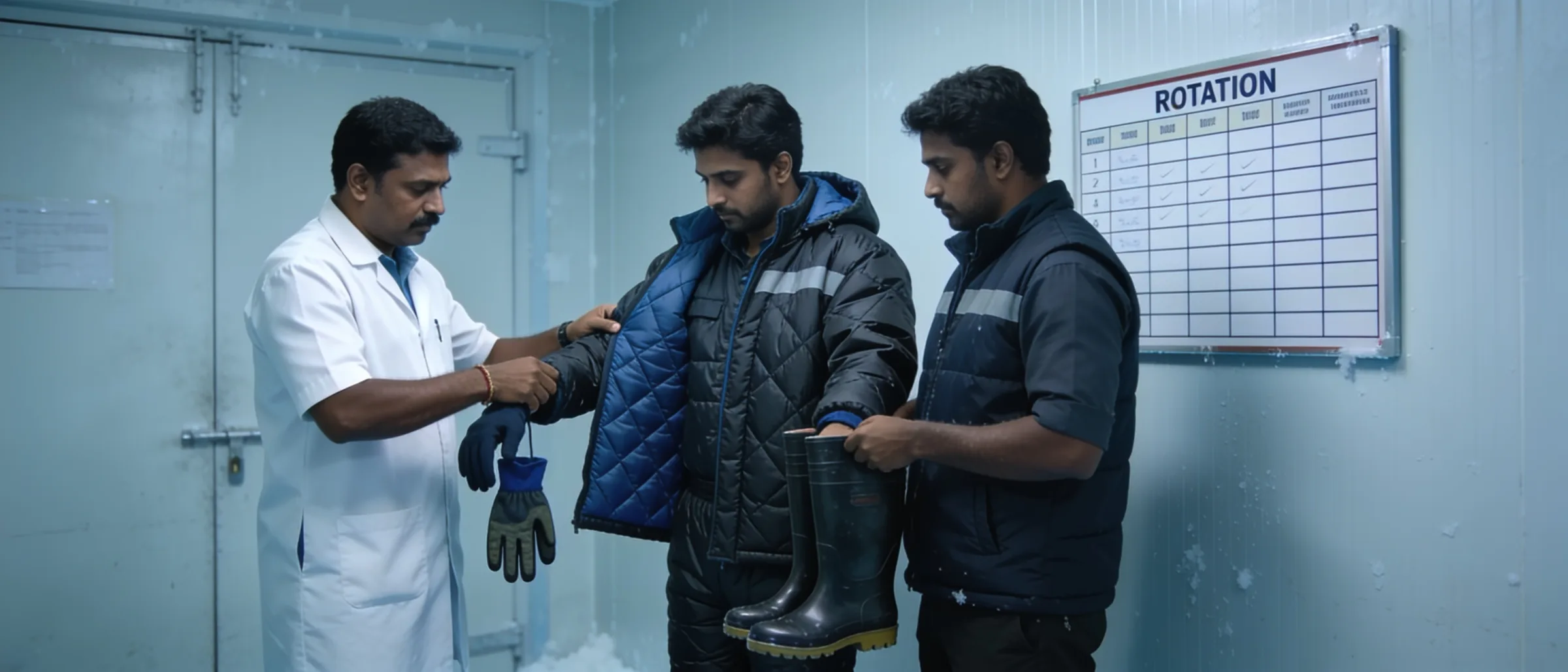 Cold PPE issue and fit check at a cold store anteroom