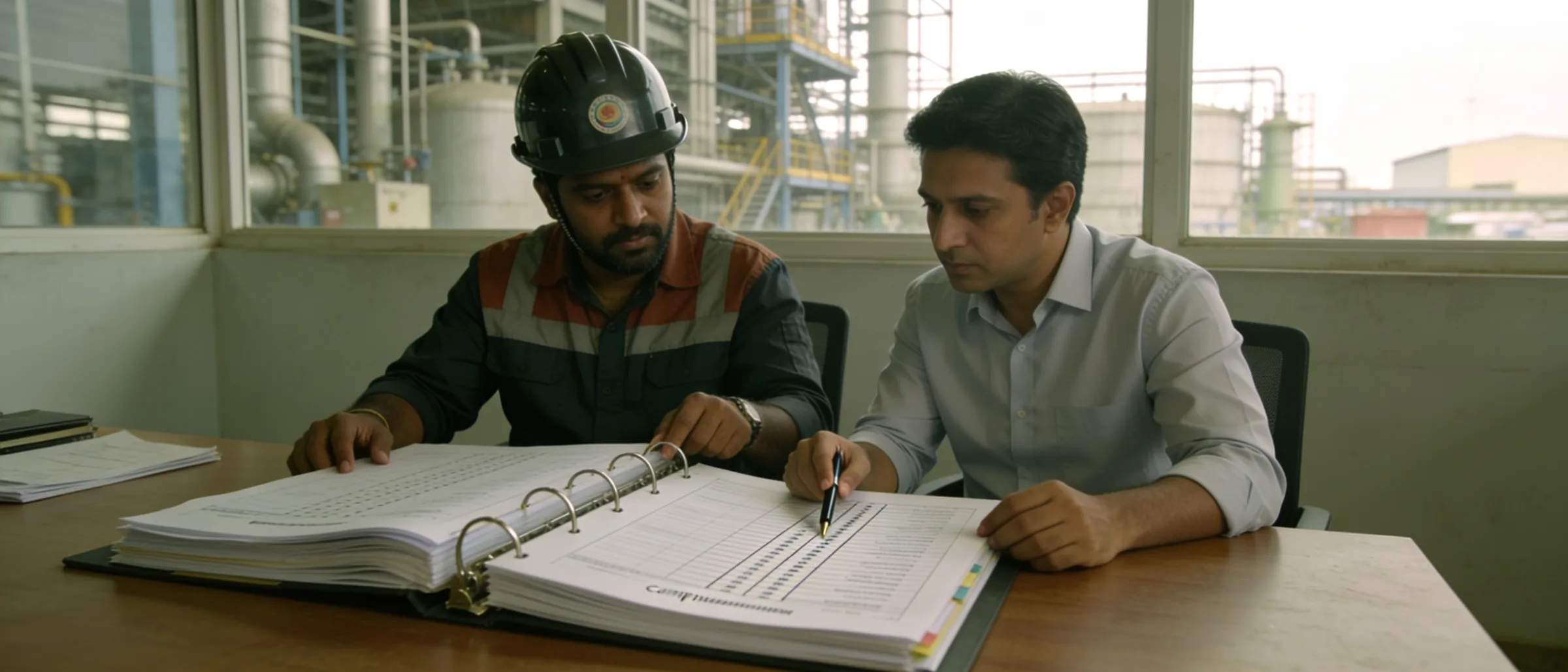 Site supervisor and HR reviewing a monthly compliance register