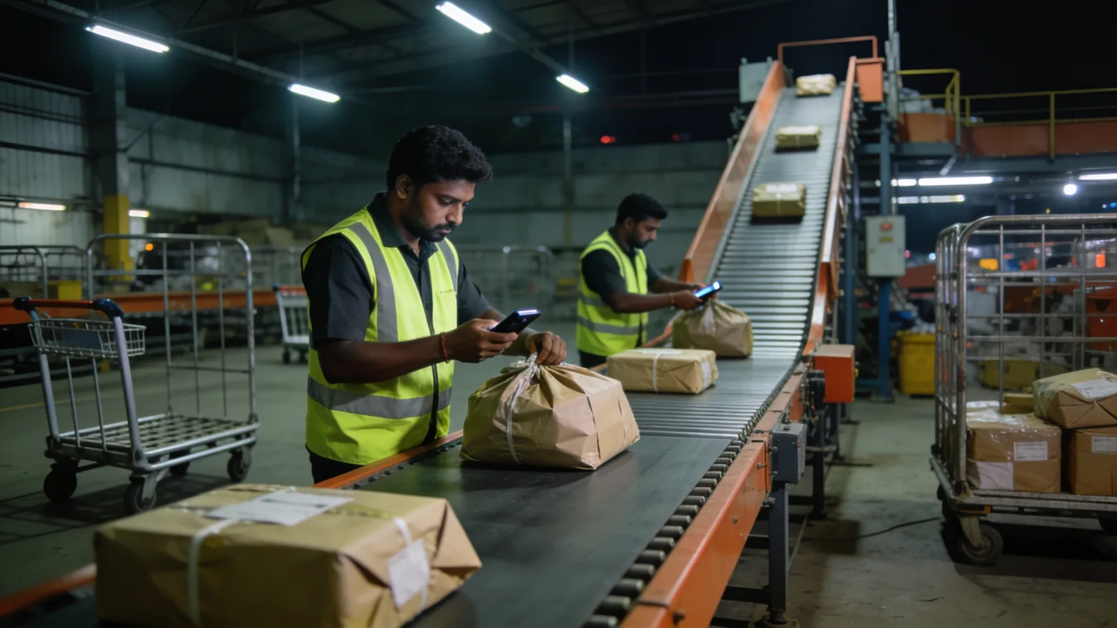 Sortation hub staff scanning and bagging parcels
