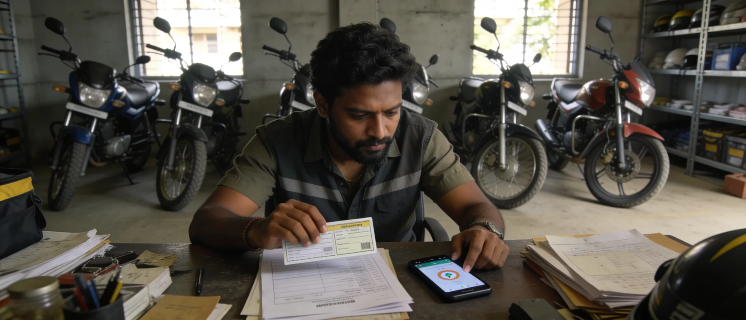 Hub in-charge verifying rider licence and app onboarding