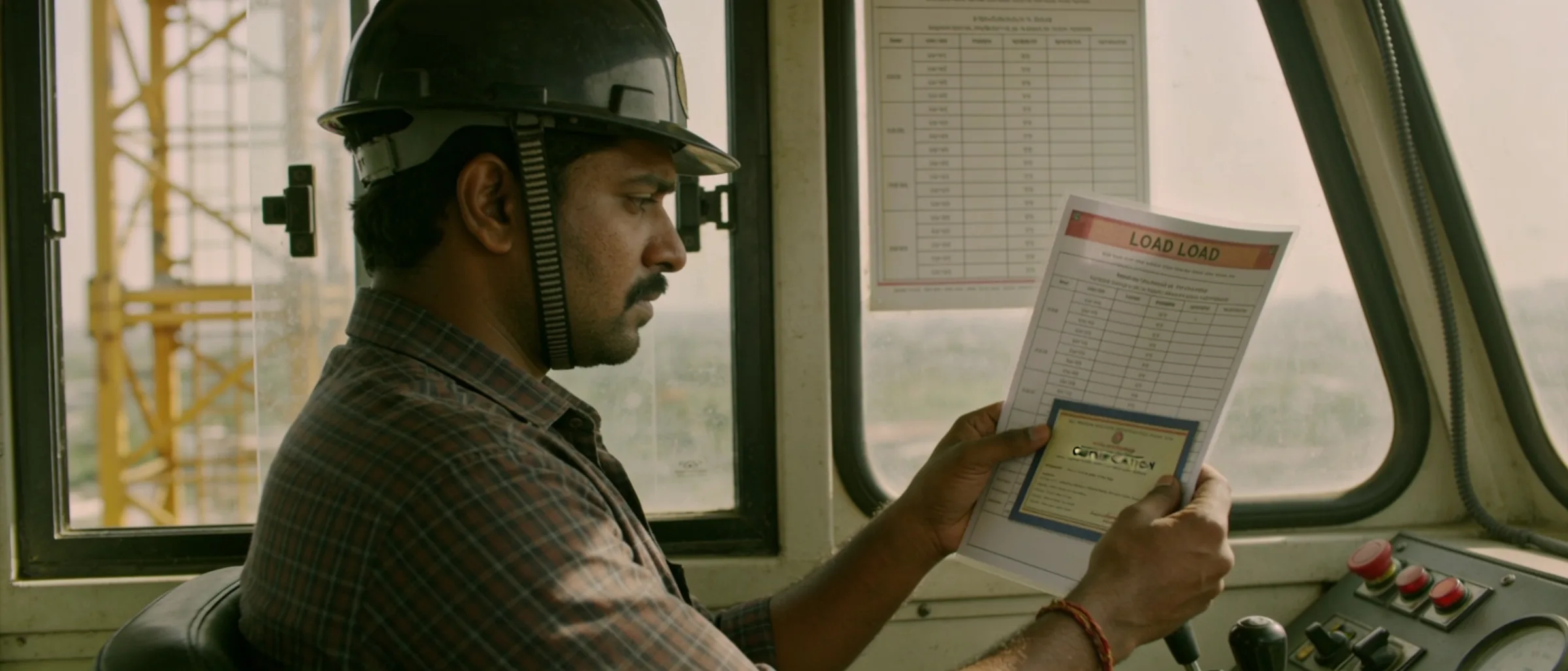 Load chart and certification checked in the cabin before a lift