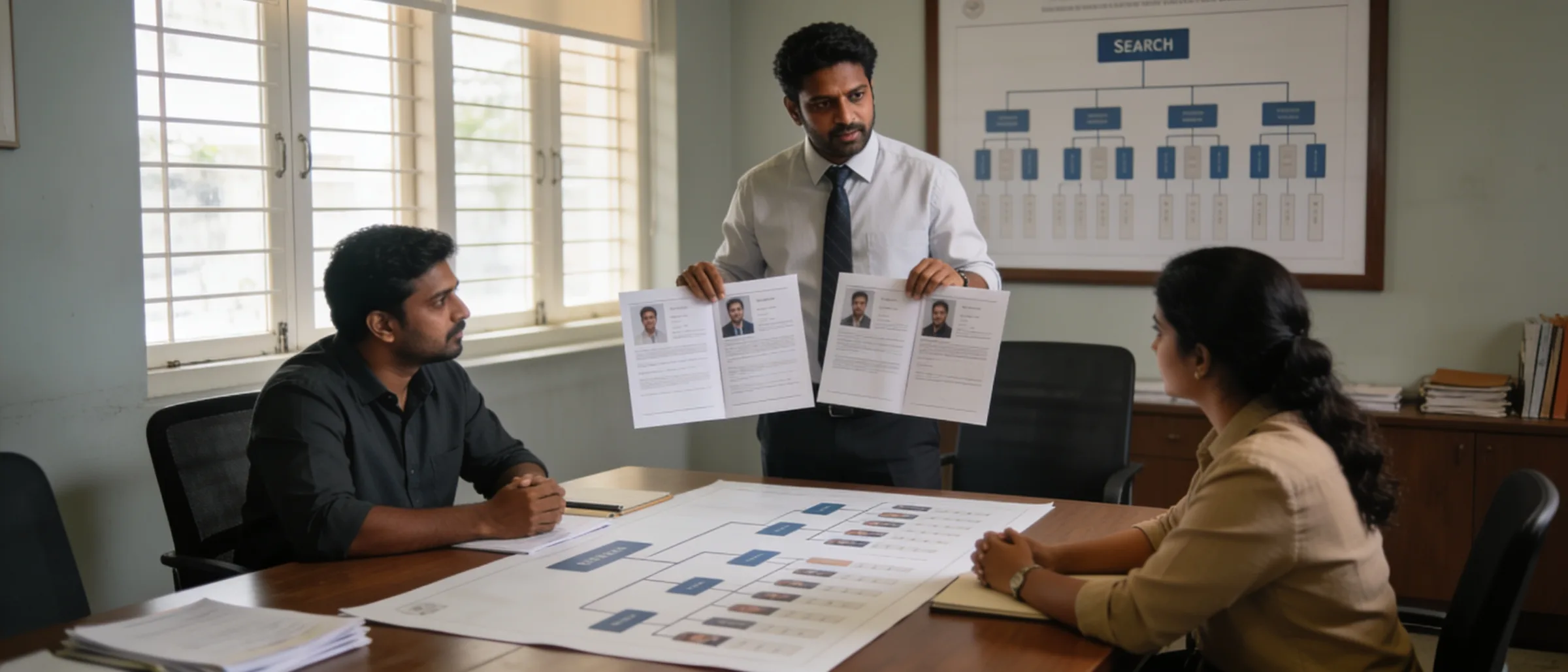 Search partner presenting a market map to a promoter