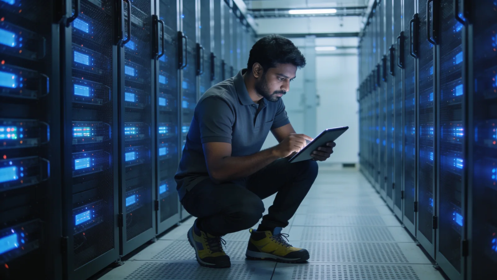 Critical facility technician checking equipment readings in a server hall cold aisle
