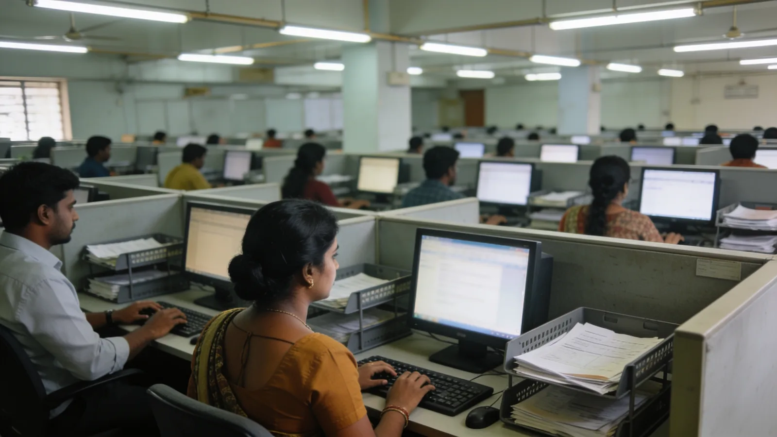 Data entry operators working at a processing floor