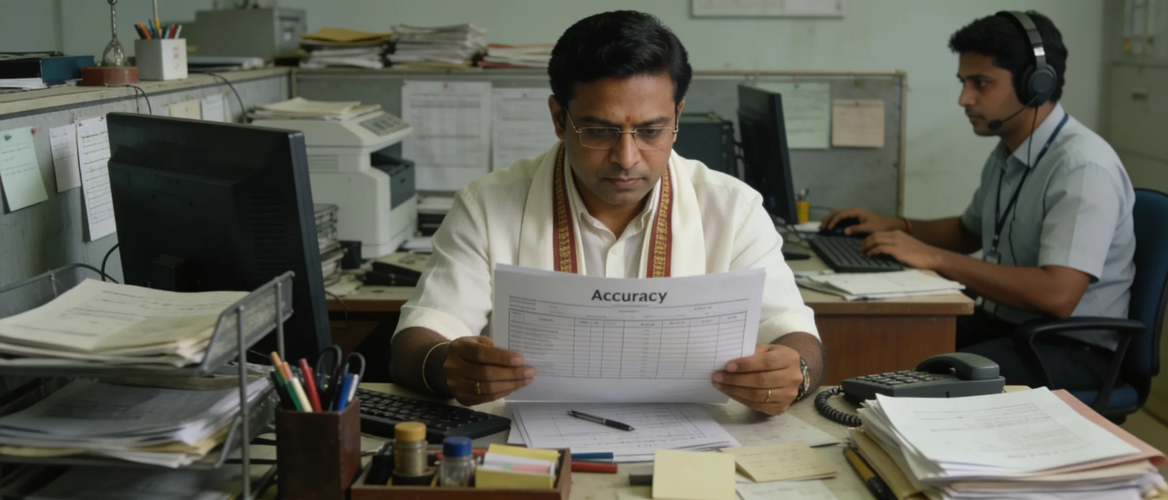 Quality checker reviewing a data entry accuracy report