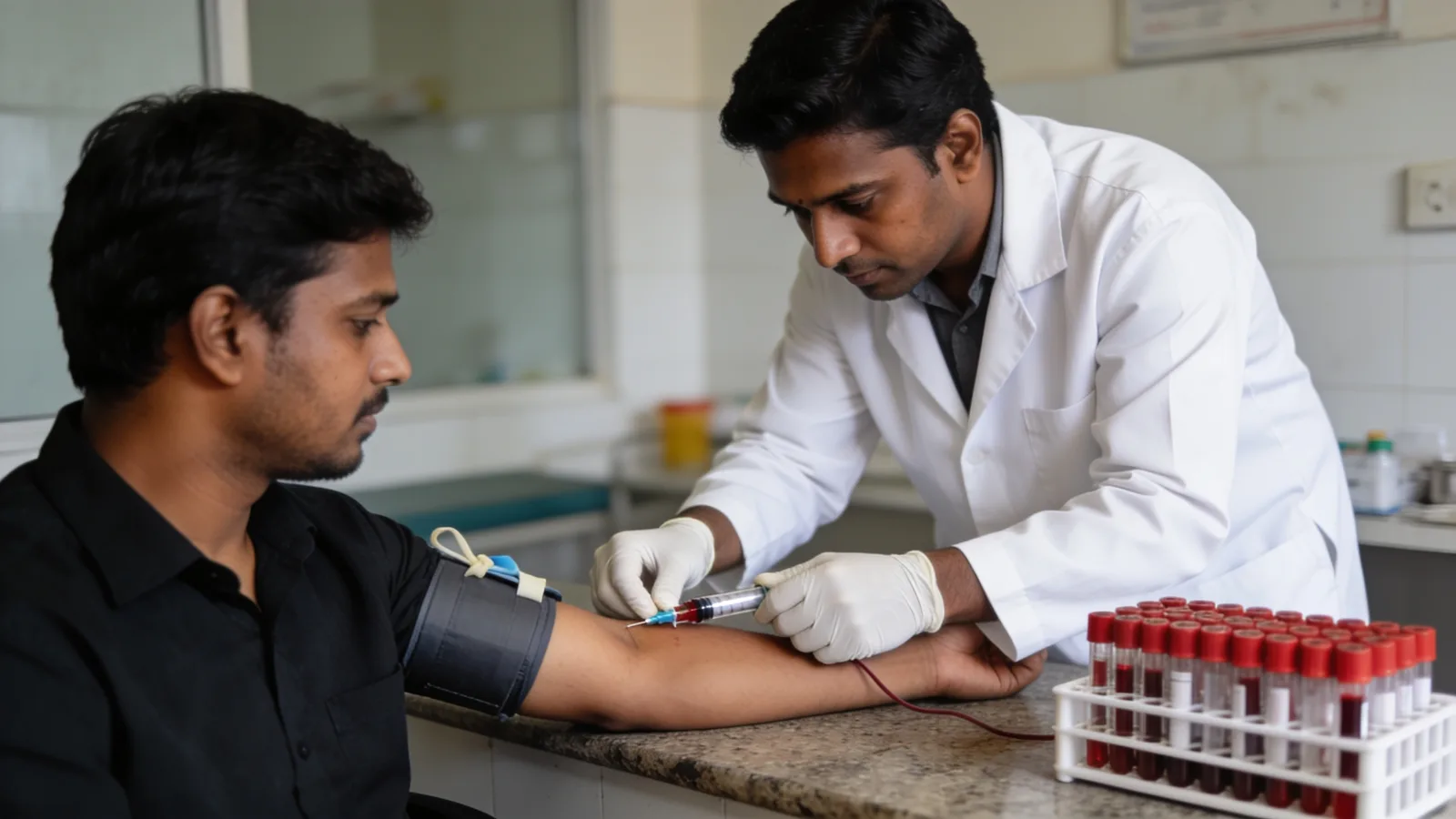 Phlebotomist drawing a sample at a diagnostics collection centre
