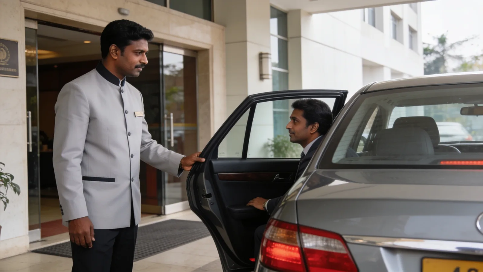 Company driver holding a car door for a corporate passenger