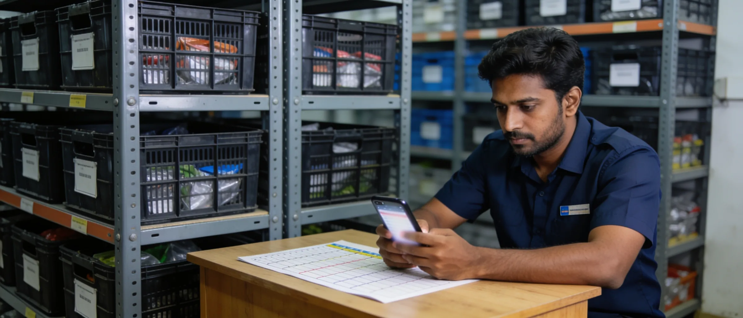 Store supervisor checking shift-block roster and attendance at a dark store