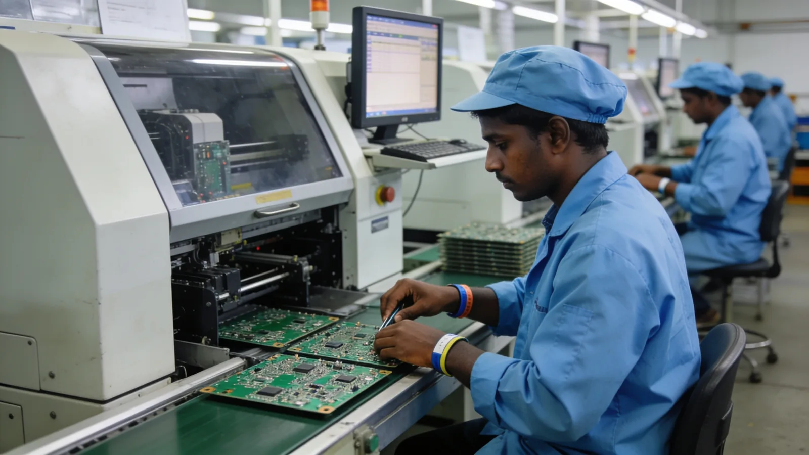 Operators in ESD coats working an SMT electronics assembly line