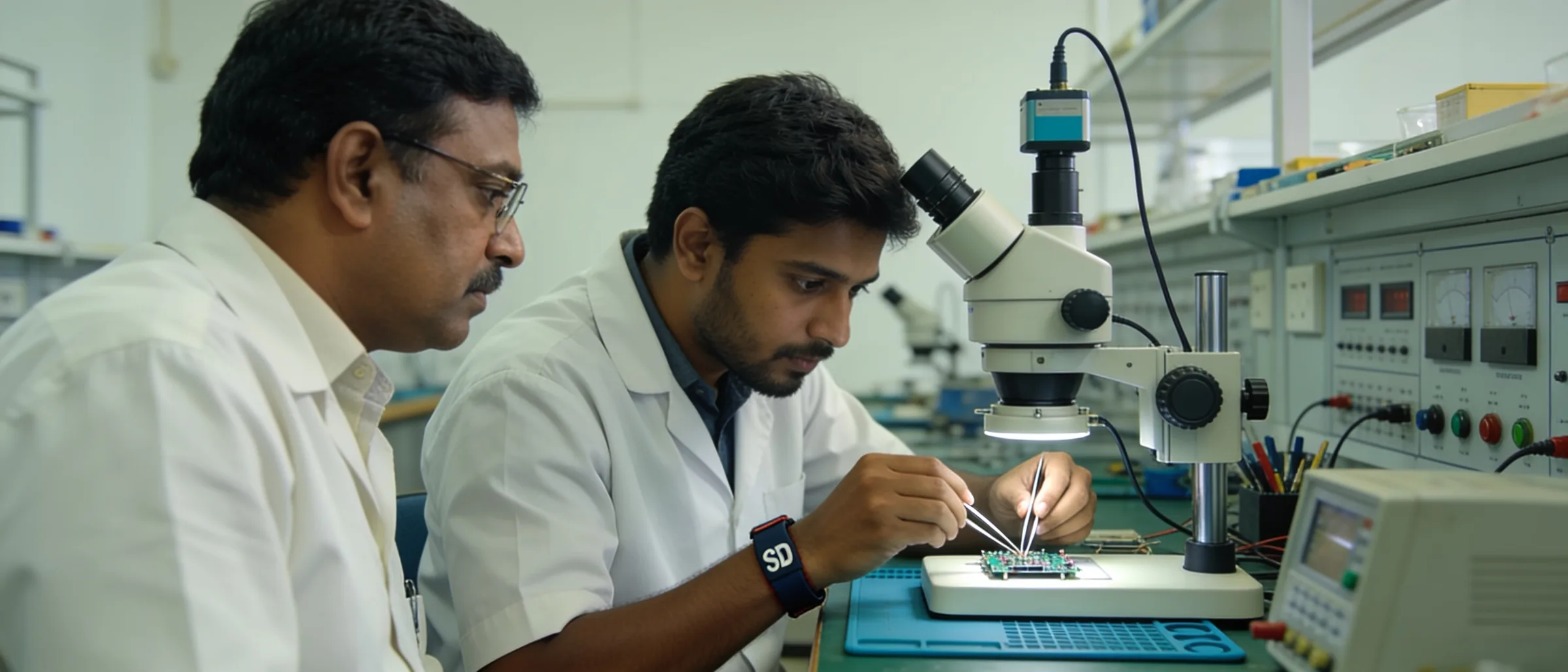 Dexterity and microscope screening test at an electronics training bench