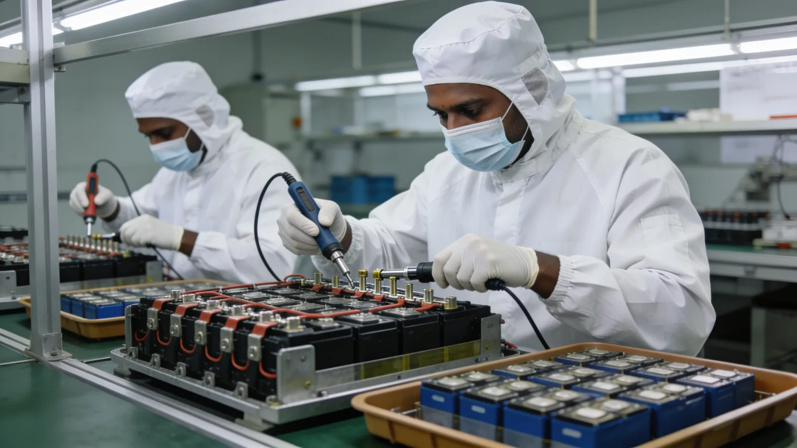 Gowned operators at a battery module and pack assembly station
