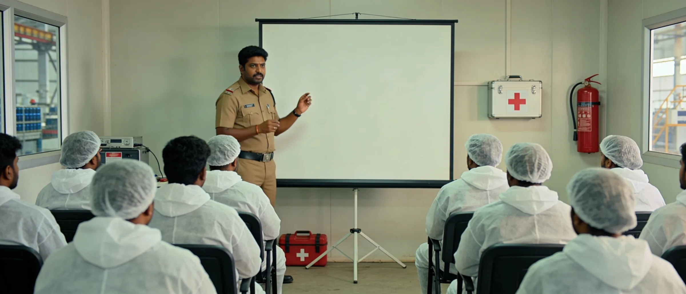 EHS induction for a battery plant intake batch with thermal-event response briefing