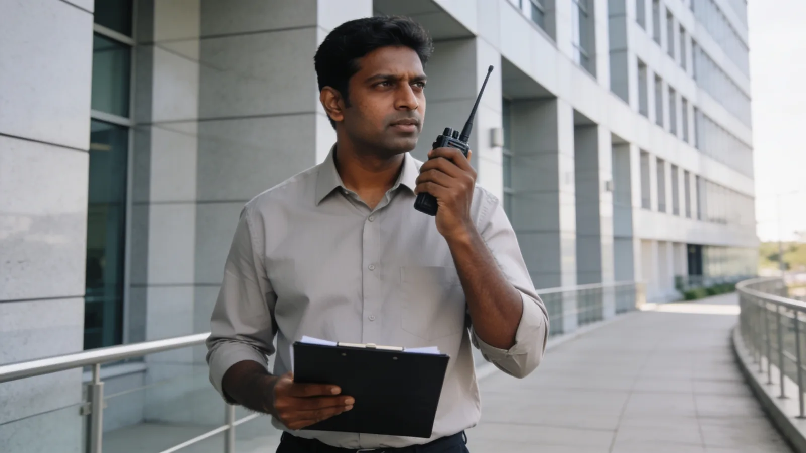 Facility executive walking a site with a checklist and radio