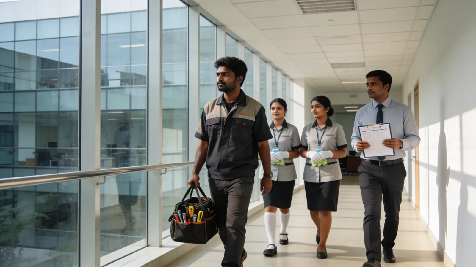 Facility management team walking a corporate corridor with a supervisor checklist