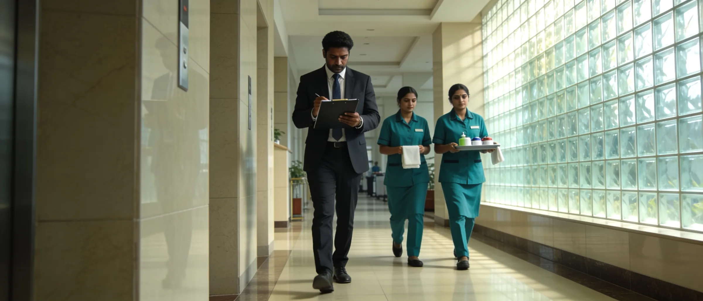 Facility executive walking a checklist audit with housekeeping staff