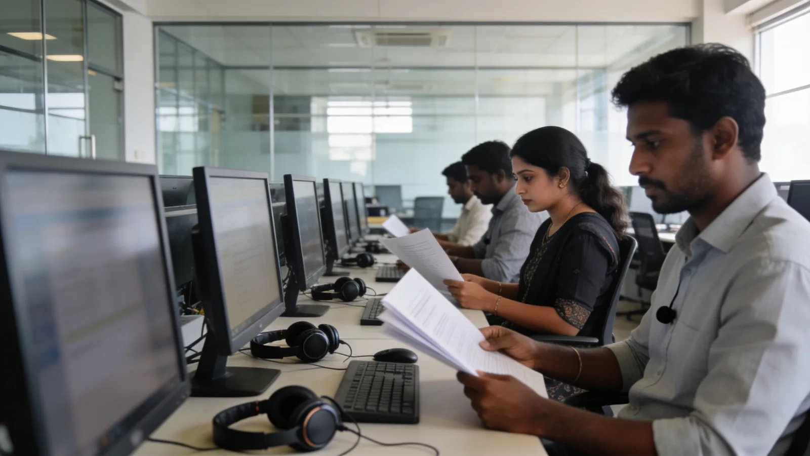 Fintech operations floor with KYC and support teams at workstations