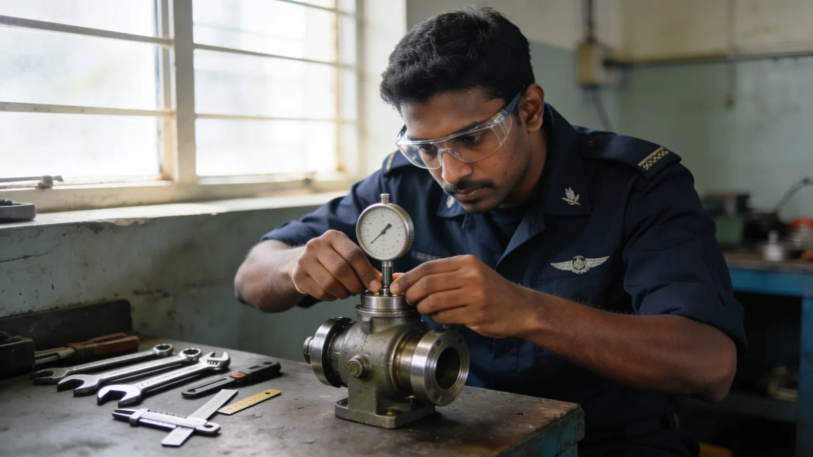 Fitter aligning a pump coupling with a dial gauge in a maintenance workshop