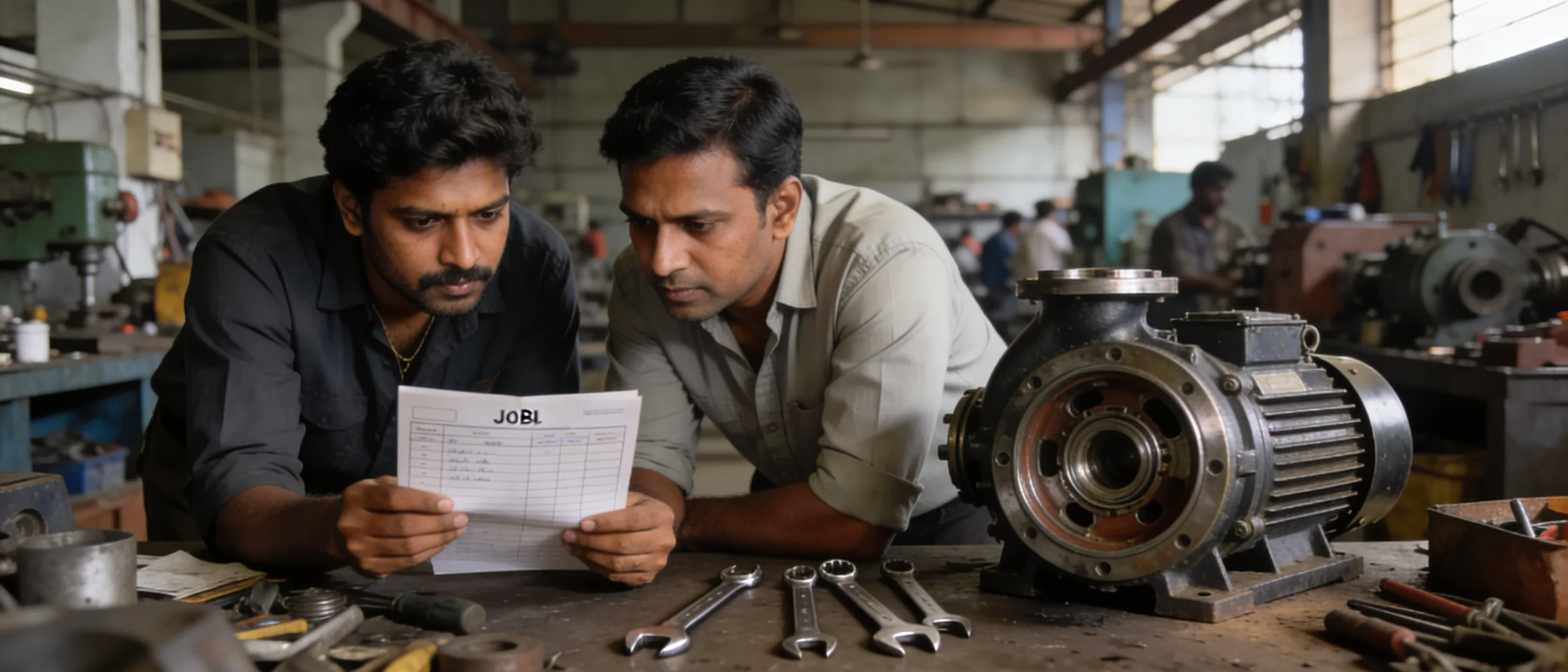 Fitter and supervisor reading a job card at a maintenance workshop bench