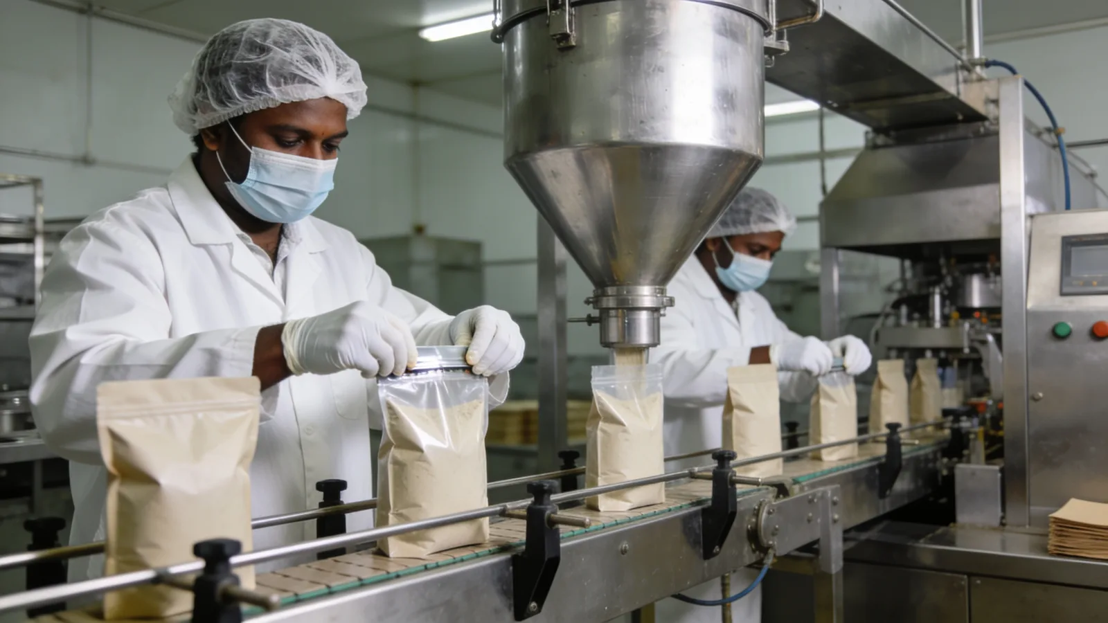 Hygiene-gowned workers on a food processing packing line