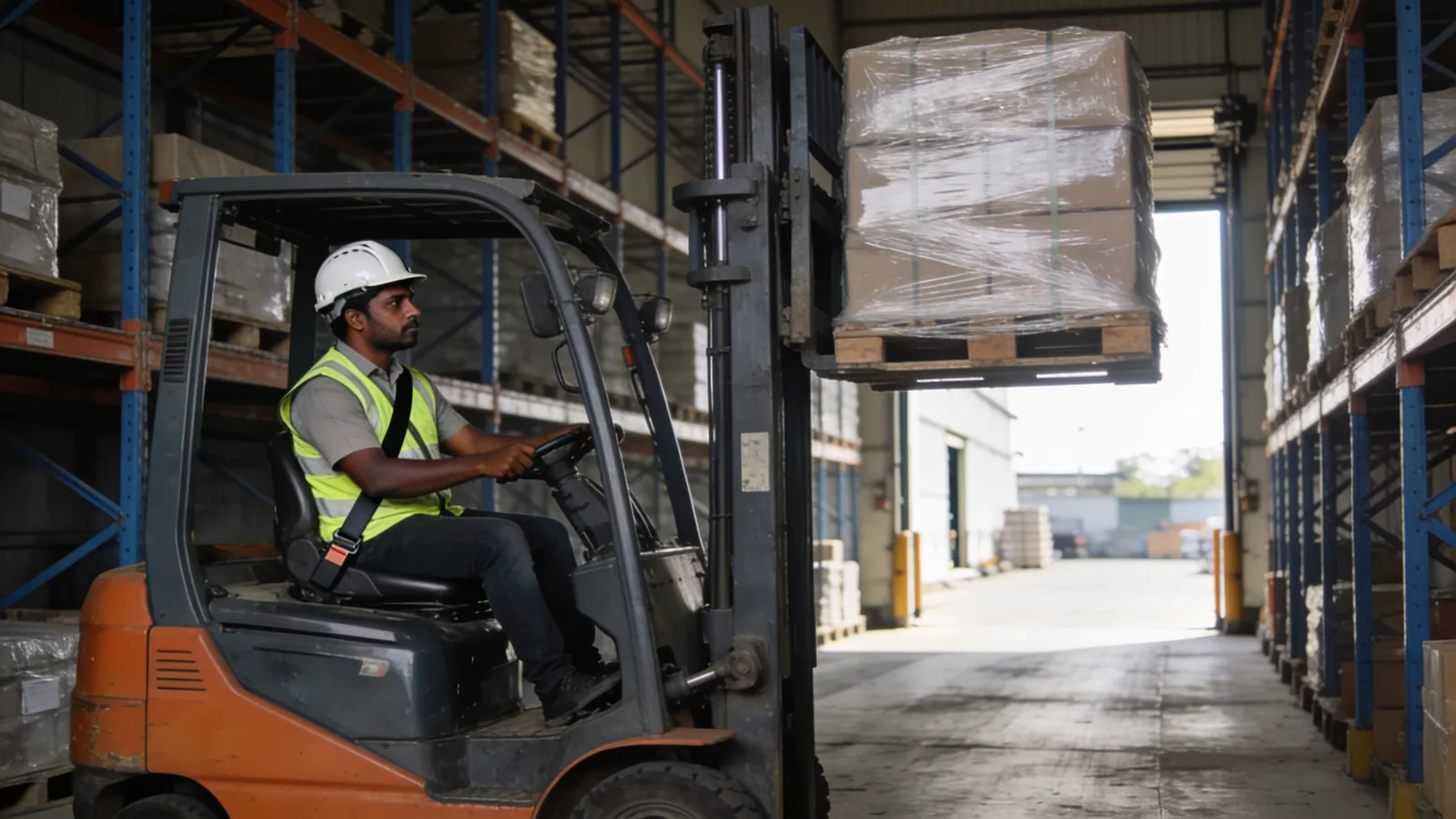 Forklift operator lifting a wrapped pallet in a warehouse aisle