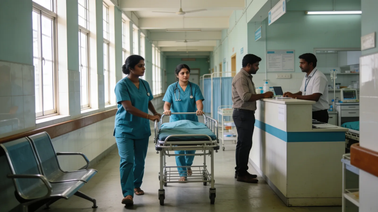 Nurses and hospital support staff on duty in a ward corridor