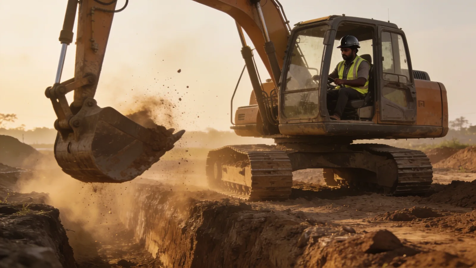 Operator working an excavator over a trench at an earthworks site