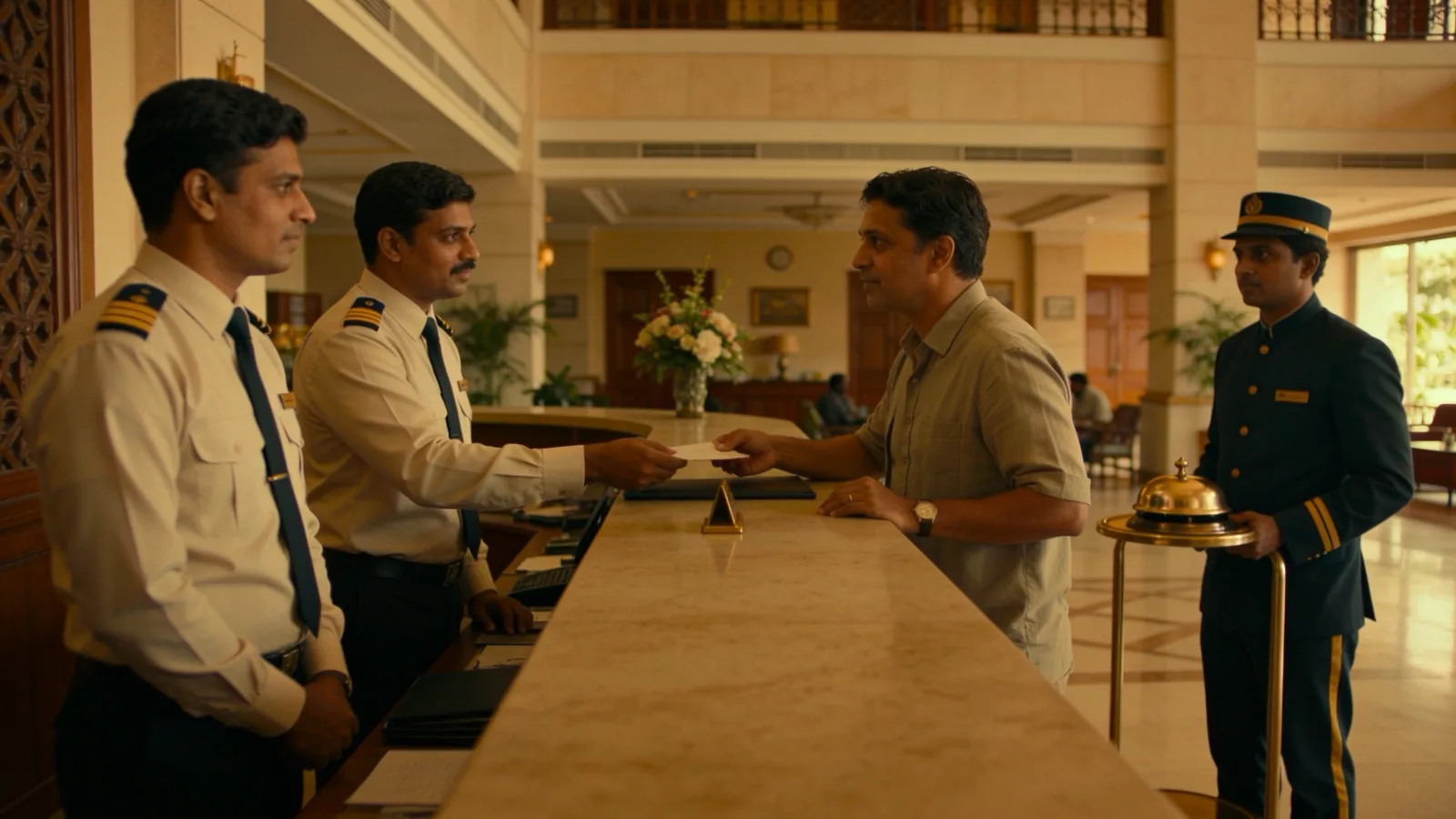 Front desk staff welcoming a guest at a hotel reception