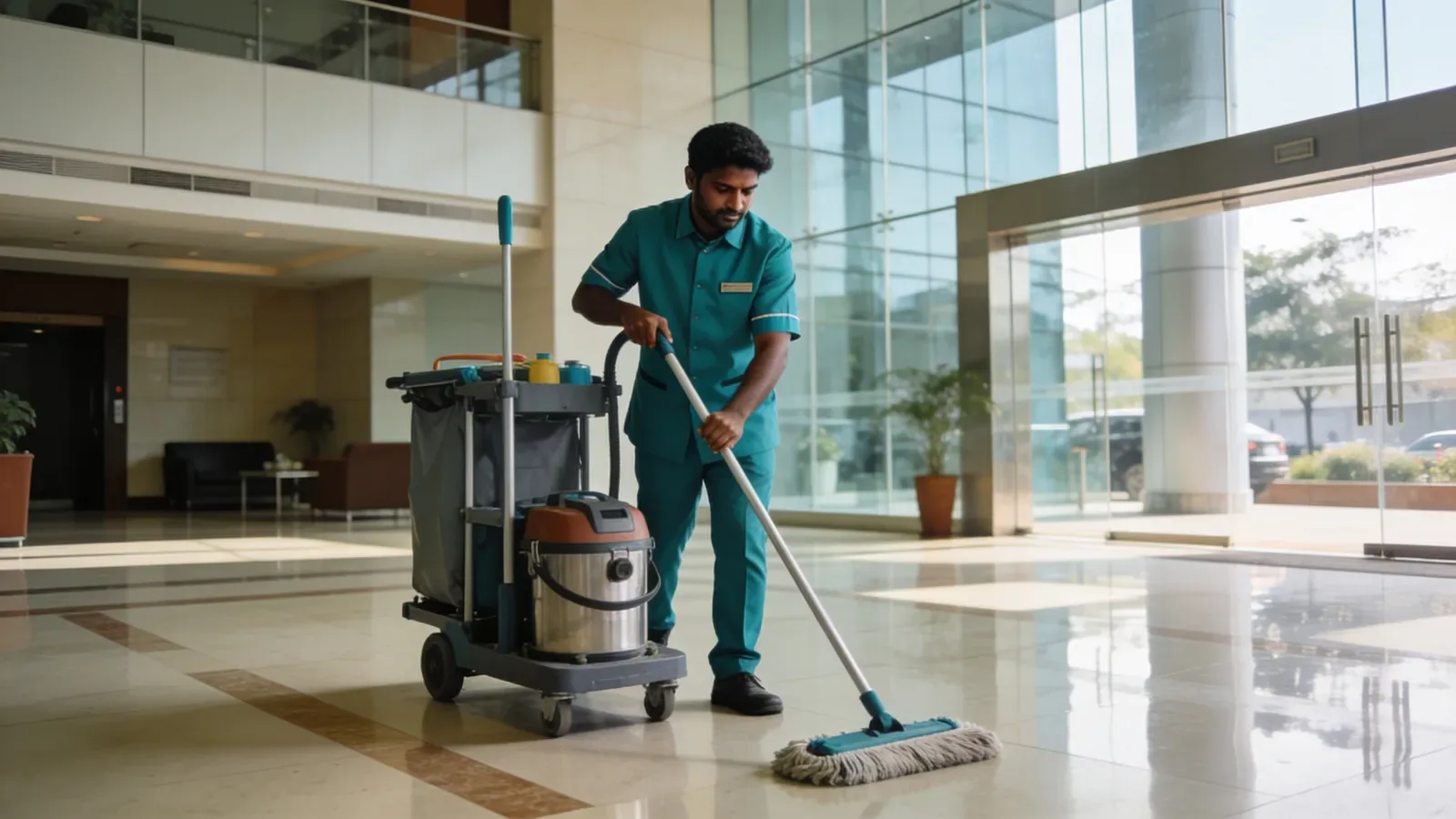 Housekeeping attendant mopping an office lobby floor beside a cleaning trolley